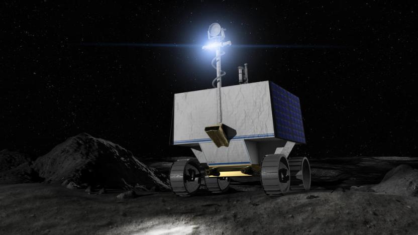 Illustration of NASA's Volatiles Investigating Polar Exploration Rover (VIPER) on the surface of the Moon.