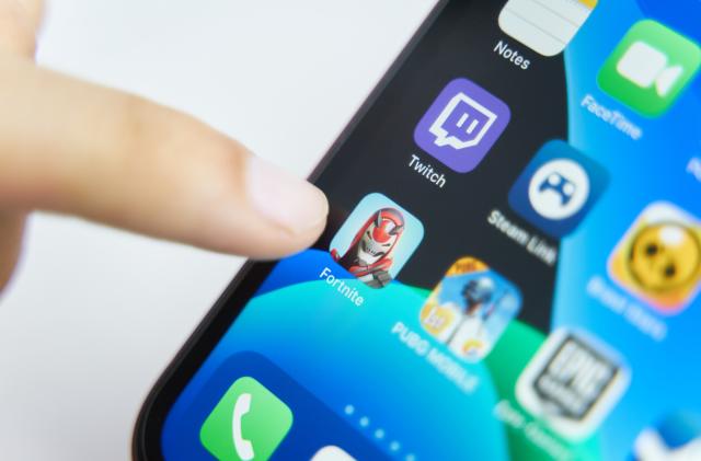 Bishkek, Kyrgyzstan - July 6 2019: Fortnite app in play smartphone. close-up on screen iphone.