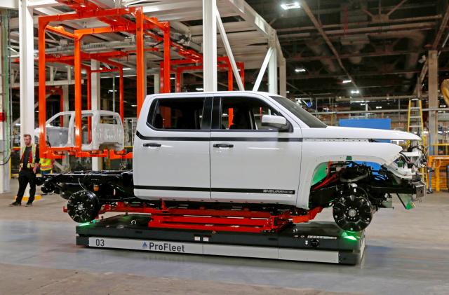 A Lordstown Motors pre-production all electric pickup truck, the Endurance, is seen after being merged with a chassis at the Lordstown Assembly Plant in Lordstown, Ohio, U.S., June 21, 2021.   