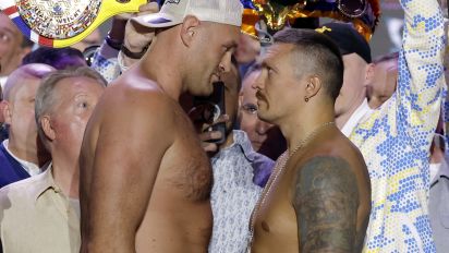 Reuters - Boxing - Tyson Fury v Oleksandr Usyk - Weigh-in - BLVD City - Music World, Riyadh, Saudi Arabia - May 17, 2024 Tyson Fury and Oleksandr Usyk face off during the weigh-in Action Images via Reuters/Andrew Couldridge