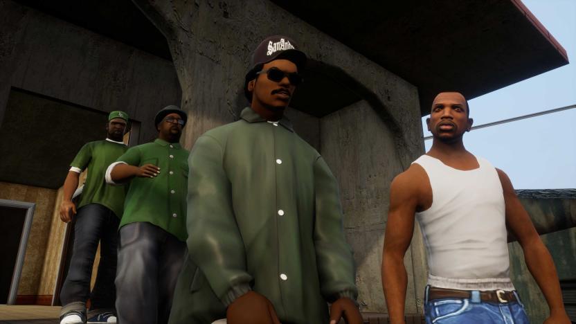 CJ and friends in the remastered version of Grand Theft Auto: San Andreas in Grand Theft Auto: The Trilogy — The Definitive Edition.