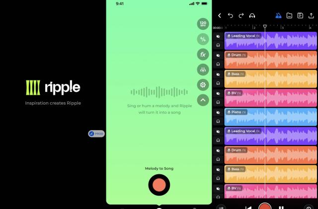 Three stitched screenshots of the Ripple app. One screenshot shows the Ripple logo against a black screen. The middle screenshot shows a green screen prompting you to hum a melody that the app will turn into a song. The right-most screenshot shows multiple results for the melody you hummed.