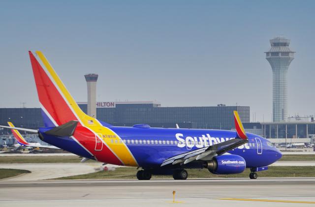 Bensenville, IL, USA. Southwest Airlines Boeing 737 taxies to the terminal after landing at Chicago O'Hare International Airport.