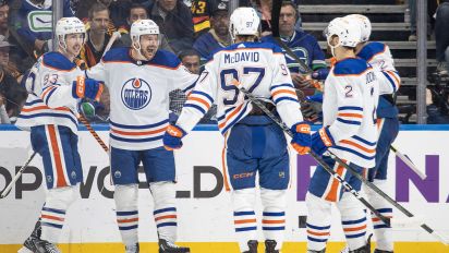 Getty Images - VANCOUVER, CANADA - MAY 20: Ryan Nugent-Hopkins #93 of the Edmonton Oilers celebrates his goal with teammates in Game Seven of the Second Round of the 2024 Stanley Cup Playoffs against the Vancouver Canucks at Rogers Arena on May 20, 2024 in Vancouver, British Columbia, Canada.  (Photo by Jeff Vinnick/NHLI via Getty Images)