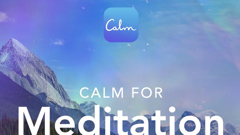 The Calm logo and the words "Calm for meditation" are overlayed on a mountainous lake. 