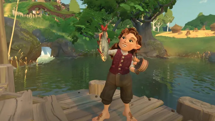 A Hobbit holds up a fish in Tales of the Shire.