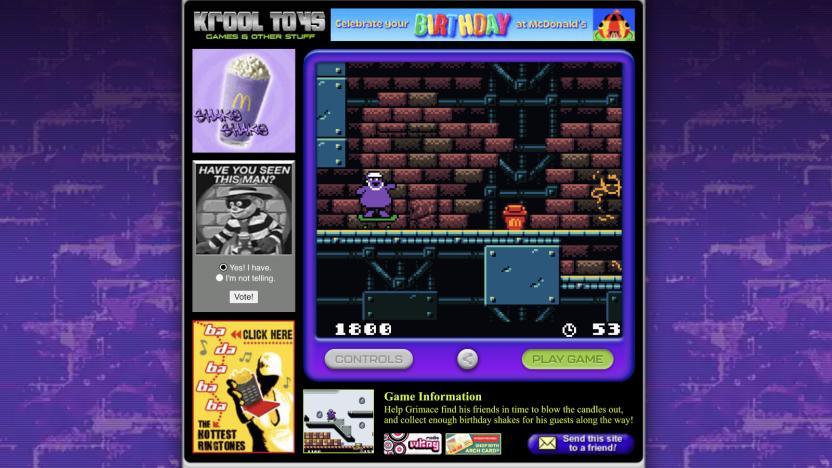 A screenshot McDonald's Grimace Game Boy game showing Grimace on a skateboard against a 2D pixel background of red bricks and exposed pipes.