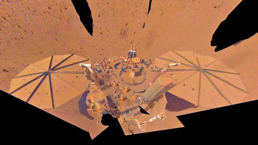 A selfi-image taken by the NASA InSight lander, showing itself cobbled together from a variety of slightly skewed angles.