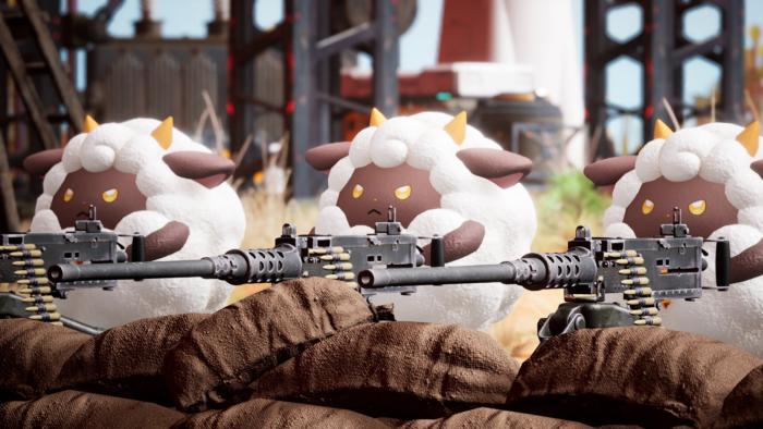 Computer-generated cartoon sheep with machine guns.