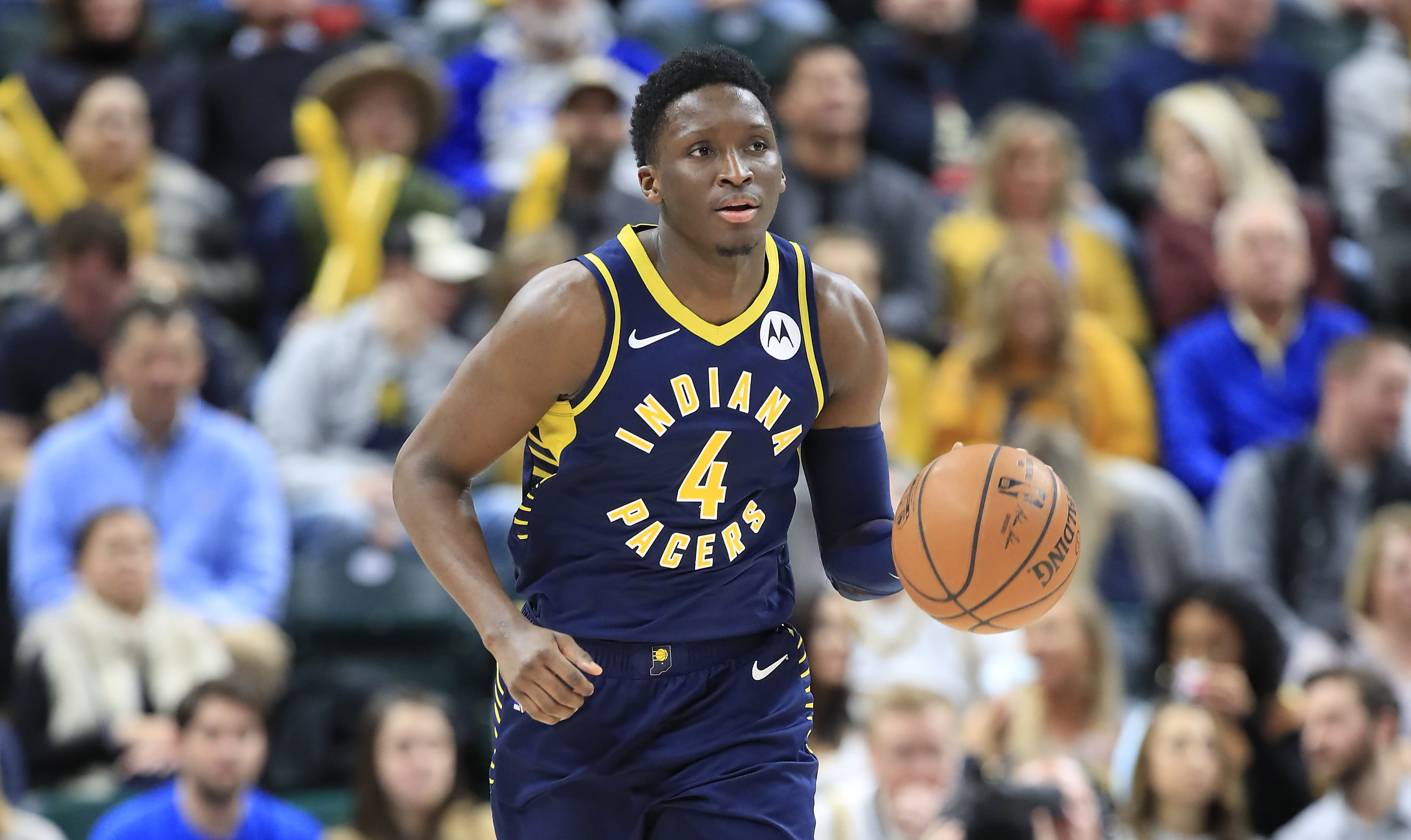 Pacers G Victor Oladipo stretchered out with knee injury