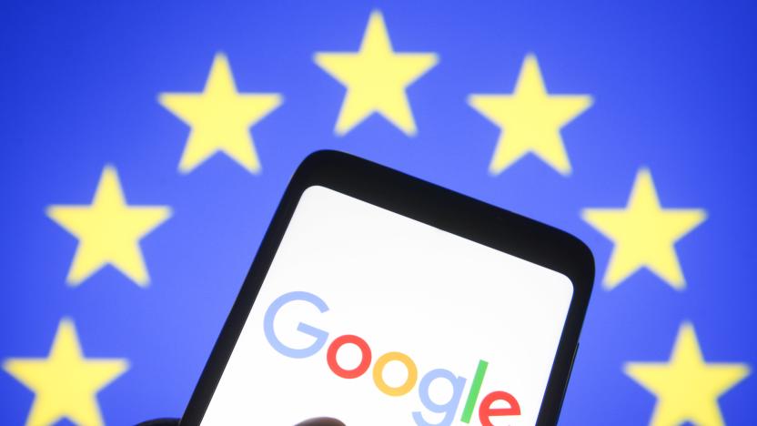 UKRAINE - 2021/06/23: In this photo illustration a Google logo is seen on a smartphone screen with the EU (European Union) flag in the background. (Photo Illustration by Pavlo Gonchar/SOPA Images/LightRocket via Getty Images)