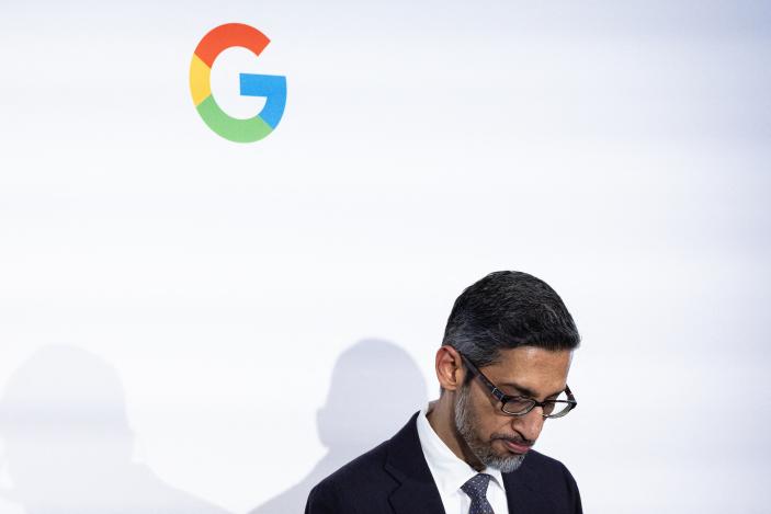 Alphabet Inc. and Google CEO Sundar Pichai speaks during the inauguration of a Google Artificial Intelligence (AI) hub in Paris on February 15, 2024. (Photo by ALAIN JOCARD / AFP) (Photo by ALAIN JOCARD/AFP via Getty Images)