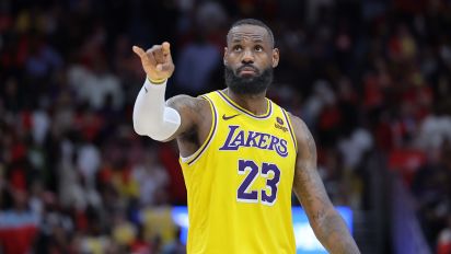 Getty Images - NEW ORLEANS, LOUISIANA - APRIL 16: LeBron James #23 of the Los Angeles Lakers reacts against the New Orleans Pelicans during a play-in tournament game at the Smoothie King Center on April 16, 2024 in New Orleans, Louisiana. NOTE TO USER: User expressly acknowledges and agrees that, by downloading and or using this Photograph, user is consenting to the terms and conditions of the Getty Images License Agreement. (Photo by Jonathan Bachman/Getty Images)