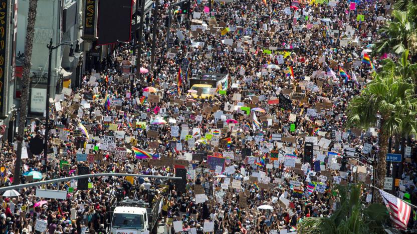 People take part in an All Black Lives Matter march, organized by Black LGBTQ+ leaders, in the aftermath of the death in Minneapolis police custody of George Floyd, in Hollywood, Los Angeles, California, U.S., June 14, 2020.  REUTERS/Ringo Chiu     TPX IMAGES OF THE DAY