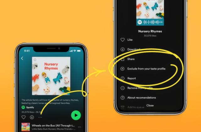 Two phones showing the Spotify app, illustrating the contextual menu where you activate the new 
“Exclude from your Taste Profile” feature. Yellow-ish orange background.