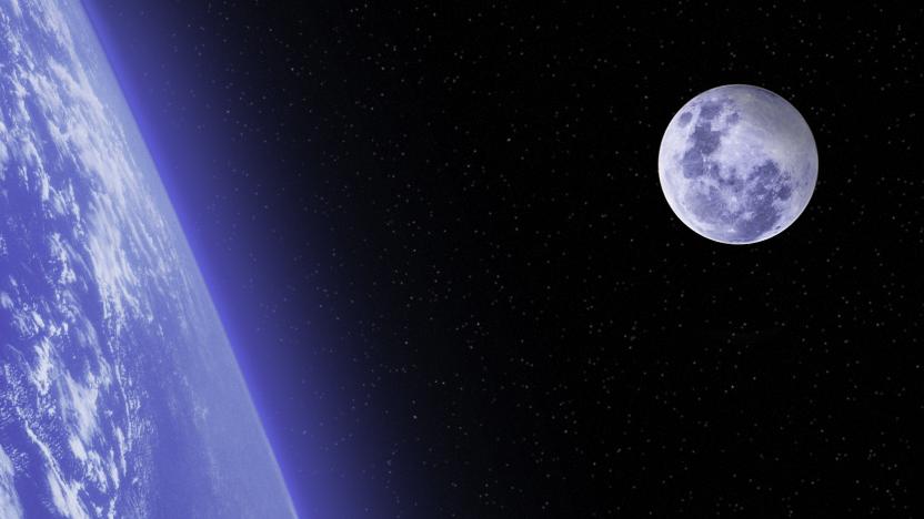 Bright Moon over cloud covered Planet Earth with stars - Outer space, space scene. Copy space. Moon image furnished by NASA. Moon image URL: https://www.nasa.gov/sites/default/files/styles/full_width/public/thumbnails/image/edu_distance_to_the_moon.png?itok=O69TYc4u