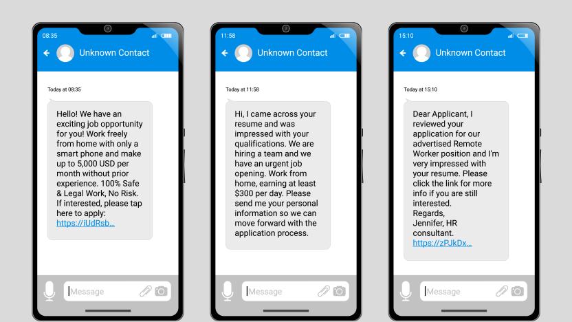 Fictitious scam job offer text messages on set of three generic phones.