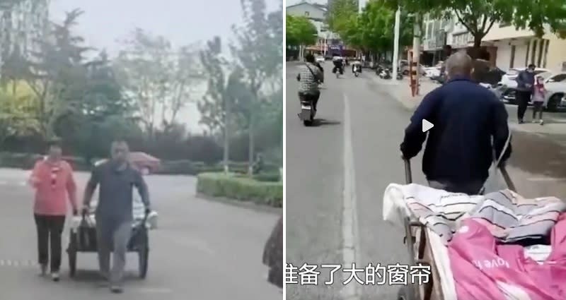 Chinese brothers use hand cart to pull their sick mother from the hospital 22 mi..