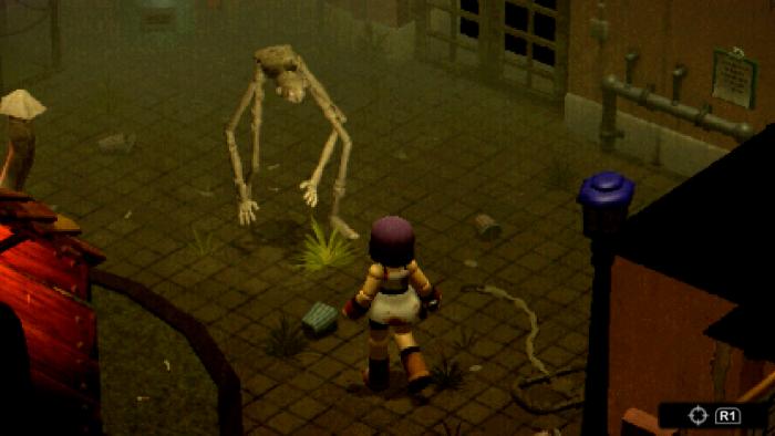 A still from the game Crow Country shows the purple-haired main character Mara in a standoff with a spindly humanoid creature