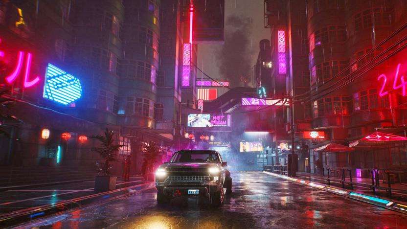 A downtown street scene from Cyberpunk 2077.