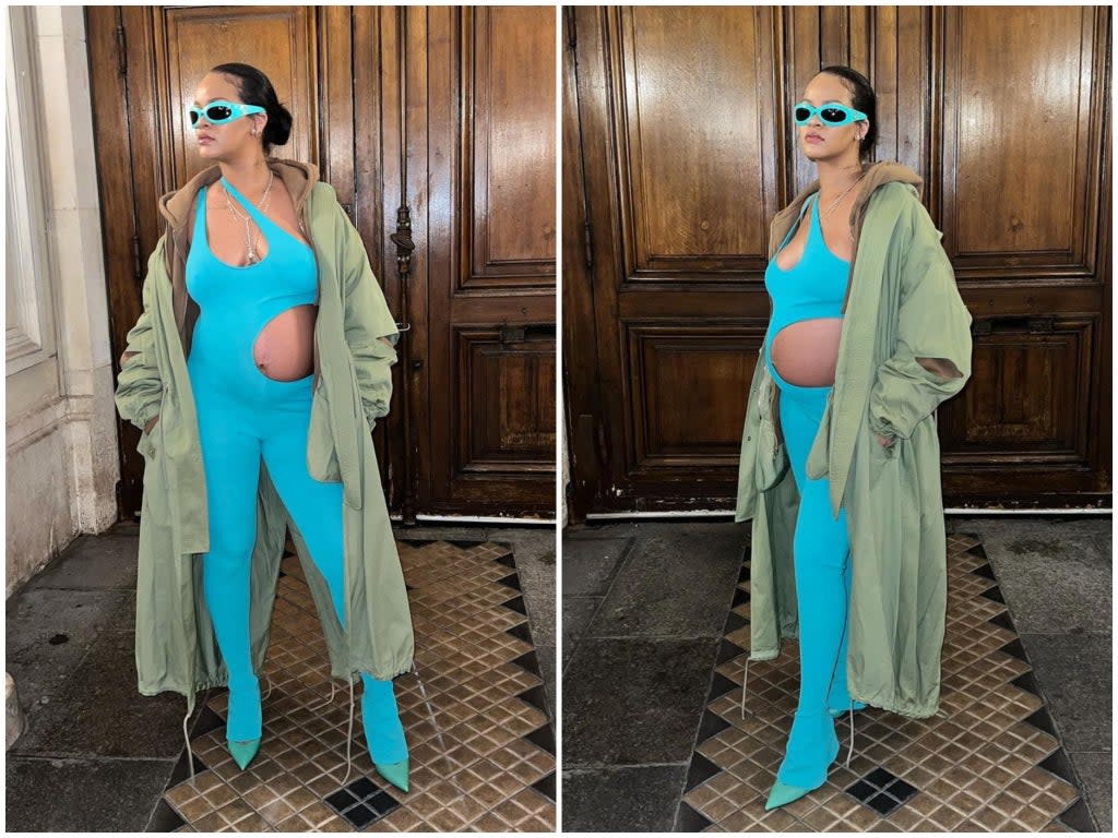 Pregnant Rihanna rocks skintight aqua jumpsuit at Paris Fashion Week