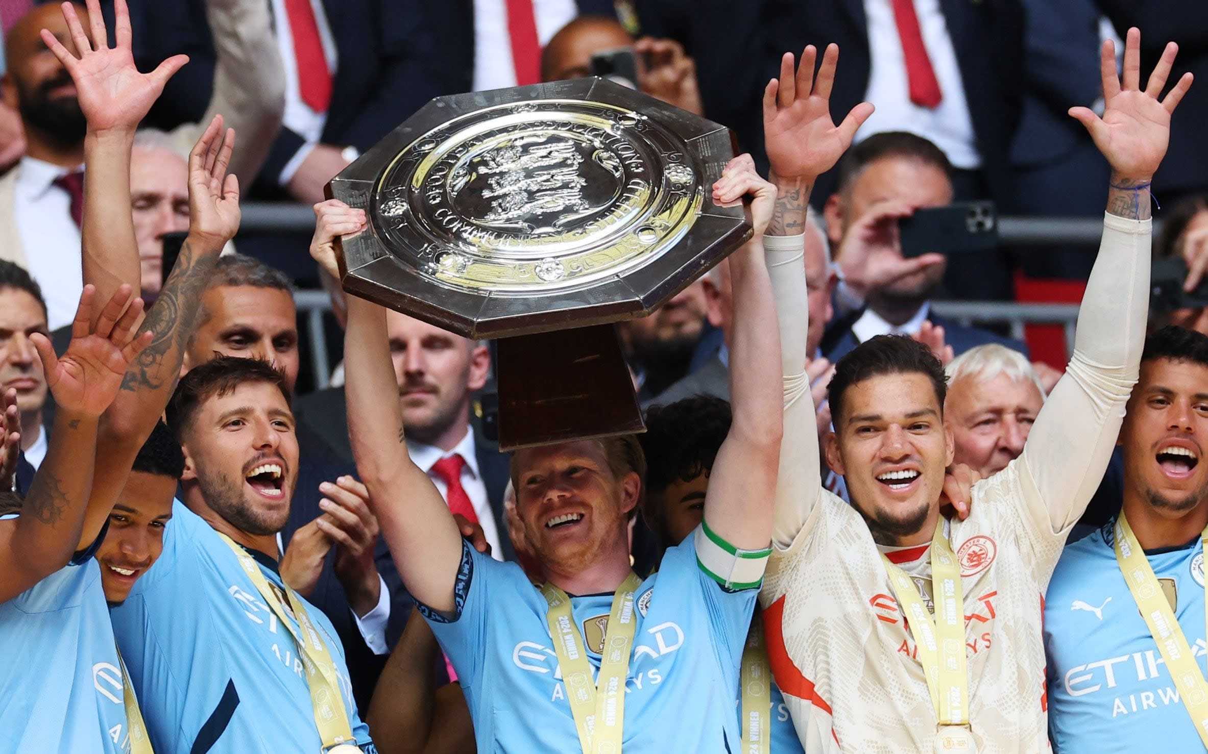 Man City beat Man Utd in Community Shield penalty shoot-out after Jonny Evans miss