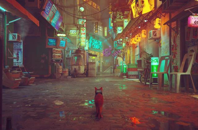 Stray's cat walks through a section of the game's post-human city, with neon lights shining in the background. 