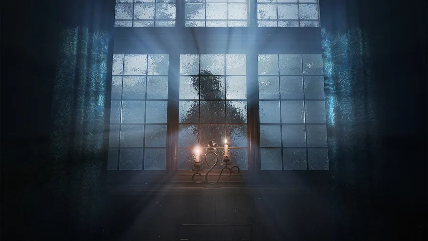 A silouetted lady stands behind a spooky candle-lit window pane in this promotional image from the game Layers of Fear.