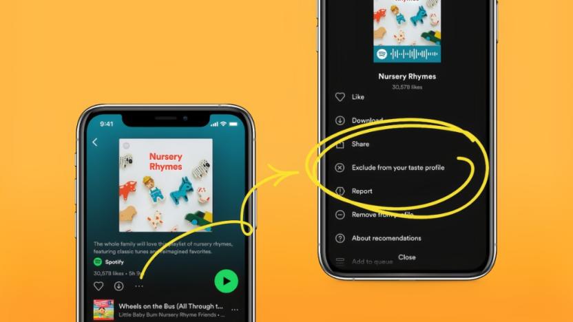 Two phones showing the Spotify app, illustrating the contextual menu where you activate the new 
“Exclude from your Taste Profile” feature. Yellow-ish orange background.