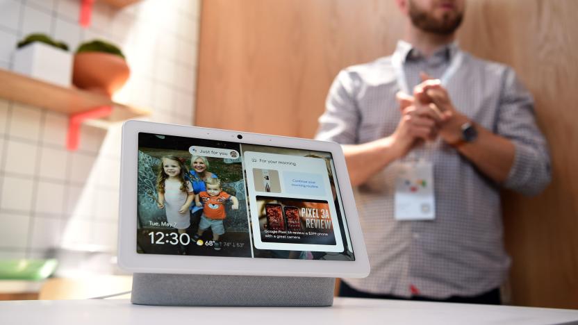 This photo shows a new Google Nest Hub Max on display during the Google I/O conference at Shoreline Amphitheatre in Mountain View, California on May 7, 2019. (Photo by Josh Edelson / AFP)        (Photo credit should read JOSH EDELSON/AFP via Getty Images)