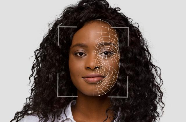 Cheerful cute black lady make identity authentication for personal data protection, double exposure and digital hologram. Facial scanning and recognition, innovations of future and biometric, collage