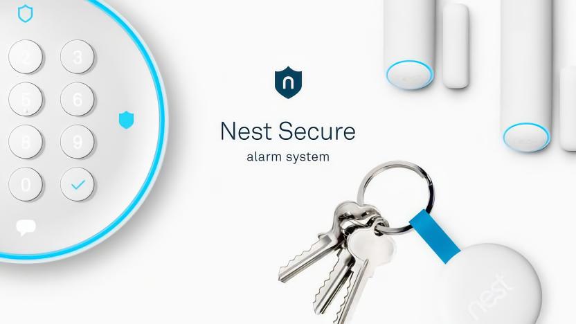 Nest Secure promotional image from 2017, featuring the text "Nest Secure alarm system" in the center, surrounded by the Nest Secure hub, sensors and tag (on a keychain)