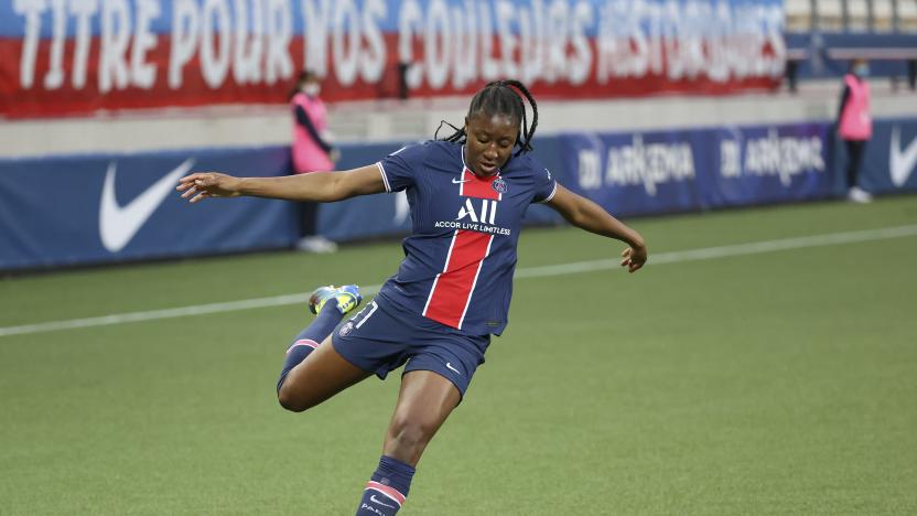 PARIS, FRANCE - JUNE 4: Kadidiatou Diani of PSG during the D1 Arkema women (feminines) football match between Paris Saint-Germain (PSG) and Dijon FCO (DFCO) at Stade Jean Bouin on June 4, 2021 in Paris, France. (Photo by John Berry/Getty Images)