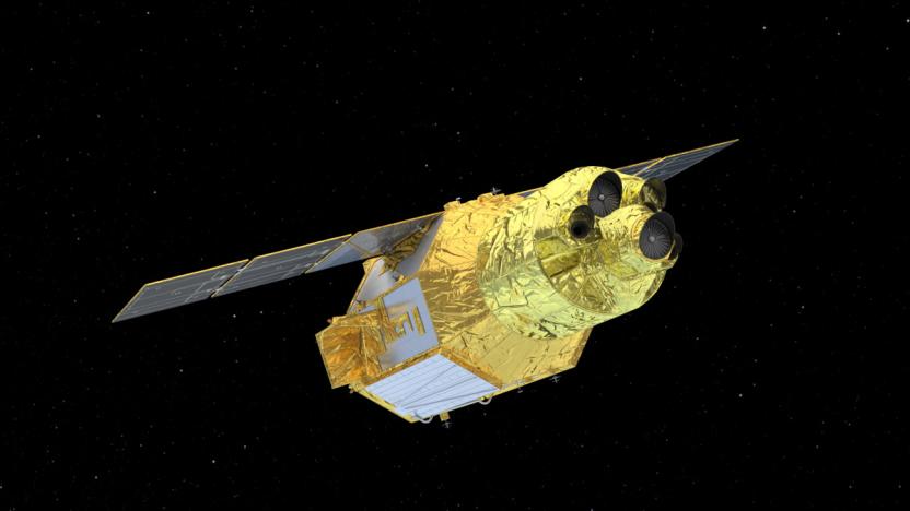 A digital rendering of the gold-wrapped X-Ray Imaging and Spectroscopy Mission — or XRISM spacecraft seen against the black background of space with only a few stars..