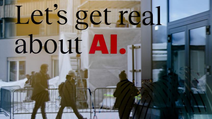 People reflected in a window of a hotel at the Davos Promenade with a slogan about AI alongside the World Economic Forum in Davos, Switzerland, Monday, Jan. 15, 2024. The AI technology has taken a large and growing slice of attention in Davos, this year the theme of Artificial Intelligence "as a driving force for the economy and society" will get about 30 separate sessions. (AP Photo/Markus Schreiber)