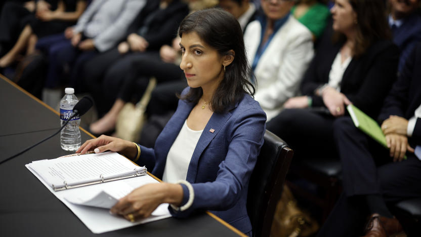 WASHINGTON, DC - JULY 13: Federal Trade Commission Chair Lina Khan prepares to testify before the House Judiciary Committee in the Rayburn House Office Building on Capitol Hill on July 13, 2023 in Washington, DC. The committee and its chairman, Rep. Jim Jordan (R-OH), have accused Khan and the commission of "mismanagement," "disregard for ethics and congressional oversight" and  "politicized rulemakings." (Photo by Chip Somodevilla/Getty Images)