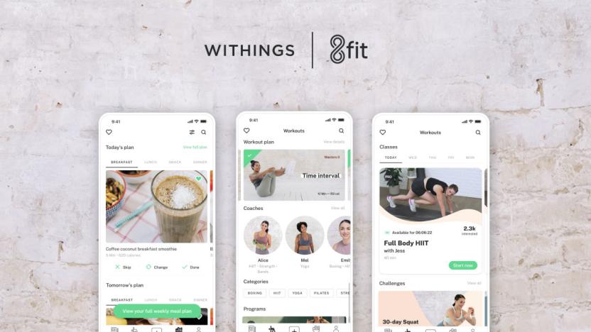 Screenshots of 8Fit's app with Withings logo.