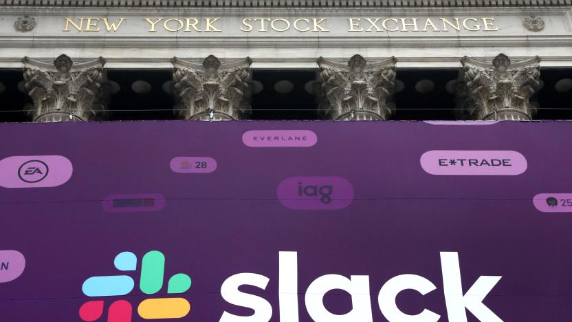 The Slack Technologies Inc. logo is seen on a banner outside the New York Stock Exchange (NYSE) during thew company's IPO in New York, U.S. June 20, 2019.  REUTERS/Brendan McDermid