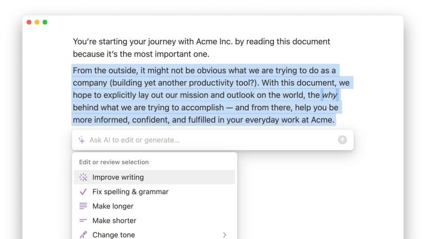 A screenshot of Notion AI showing off the tool's formatting tool, which you can use to prompt the generative machine-learning algorithm to "improve" your writing, shorten or lengthen a passage and fix spelling and grammatical errors and more. 