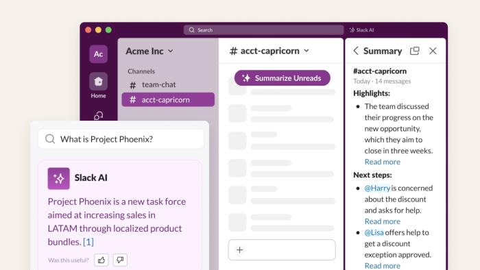 A screenshot showing the Slack interface with a note on its new AI capabilities.