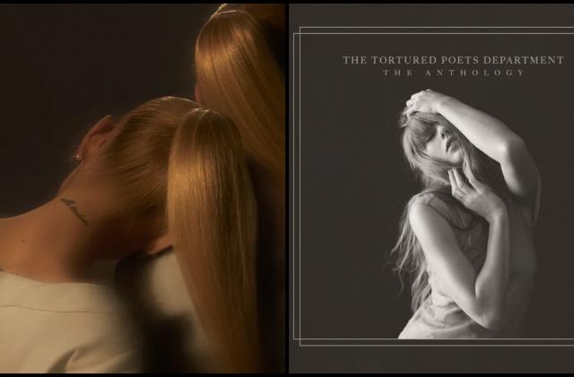 Album covers for Ariana Grande's Eternal Sunshine and Taylor Swift's The Tortured Poets Department are pictured side by side 