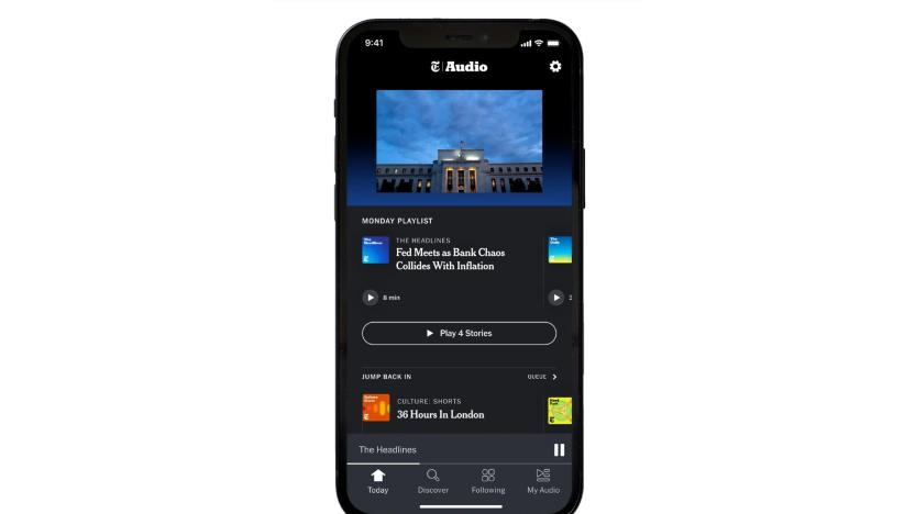 The NYT Audio shown on an iPhone against a white background. 