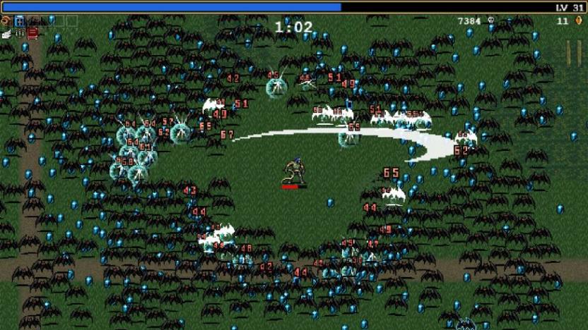 Gameplay screenshot from indie game ‘Vampire Survivors,’ featuring a green field with countless spirte characters attacking the player.