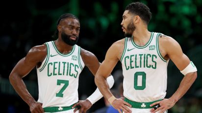 Getty Images - Boston, MA - May 7: Jaylen Brown #7 and Jayson Tatum #0 of the Boston Celtics during the first half of the Eastern Conference Semifinals   (Photo by Matt Stone/MediaNews Group/Boston Herald via Getty Images)