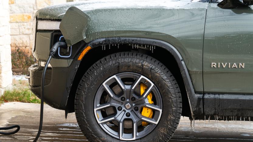 Austin , Texas , USA - Febuarary 4th 2022: Rivian Electric Truck covered in Ice and Snow after Winter Storm hits Texas 2022