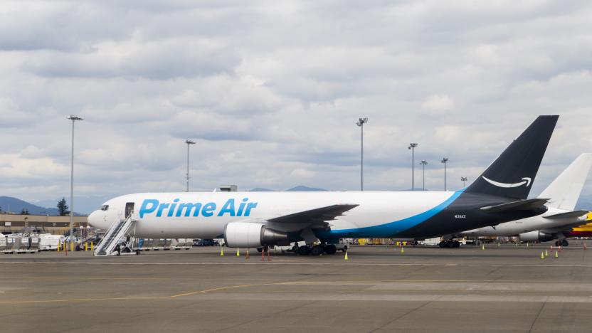 Seattle, WA, USA - May 26, 2018: One of Amazon cargo delivery fleet parked at an airport on a cloud day