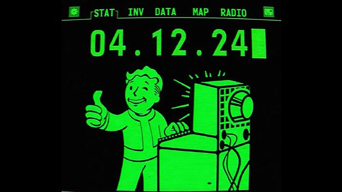 Teaser for the Amazon "Fallout" series, showing a Pip-Boy graphic. He gives a thumbs up with the text 04.12.24 above. Menu tabs including Stat, Inv, Data, Map and Radio reside at the top.