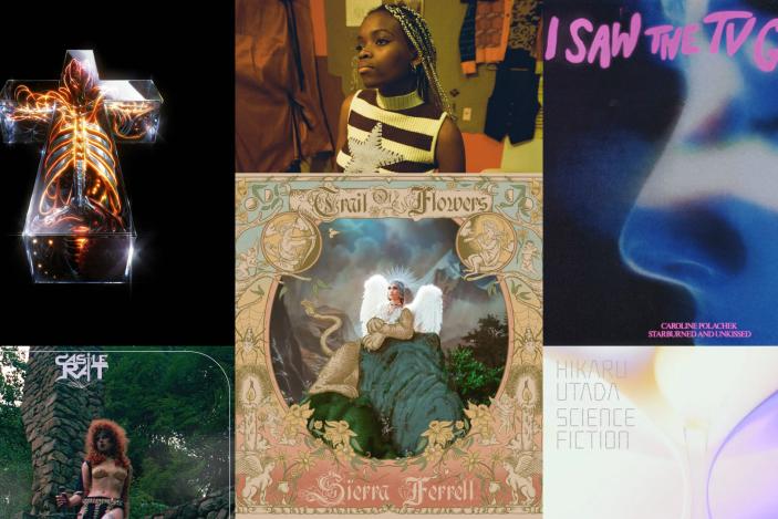 A collage showing album covers for: Justice's Hyperdrama, Sierra Ferrell's Trail of Flowers, Hikaru Utada's Science Fiction, Castle Rat's Into the Realm, Caroline Polachek's single “Starburned and Unkissed,” and Hannah Jadagu's Aperture

