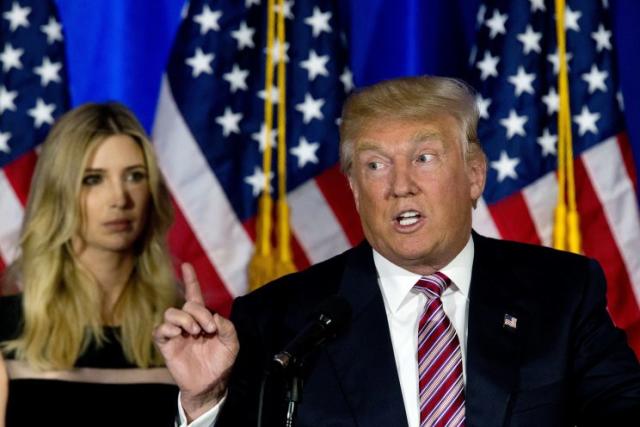 Presumptive Republican presidential nominee Donald Trump is joined by his daughter Ivanka as he speaks at Trump National Golf Club Westchester on Tuesday. (Photo: Mary Altaffer/AP)