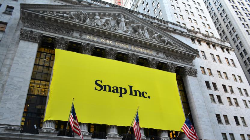 Banner on the New York Stock Exchange marking the Initial Public Offering of Snap Inc., the parent company of the popular social media site Snapchat.